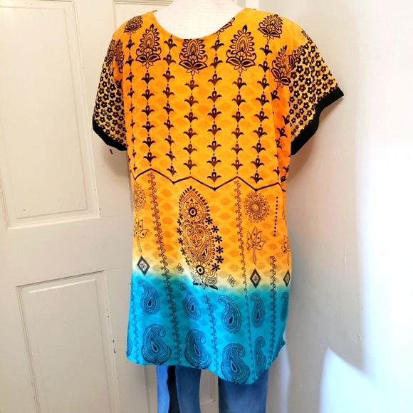 Maple Cothing Tops - Maple Yellow & Teal Clothing Scoop Neck Short Sleeve Bohemian Top Size 2X